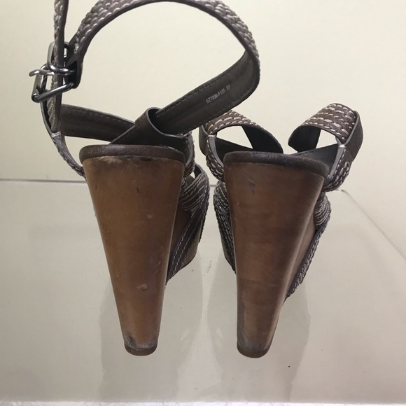 MIU MIU Strappy Leather Platform Wedge Heel Sandals Stitch Wood Ankle Strap Shoe - Picture 6 of 16